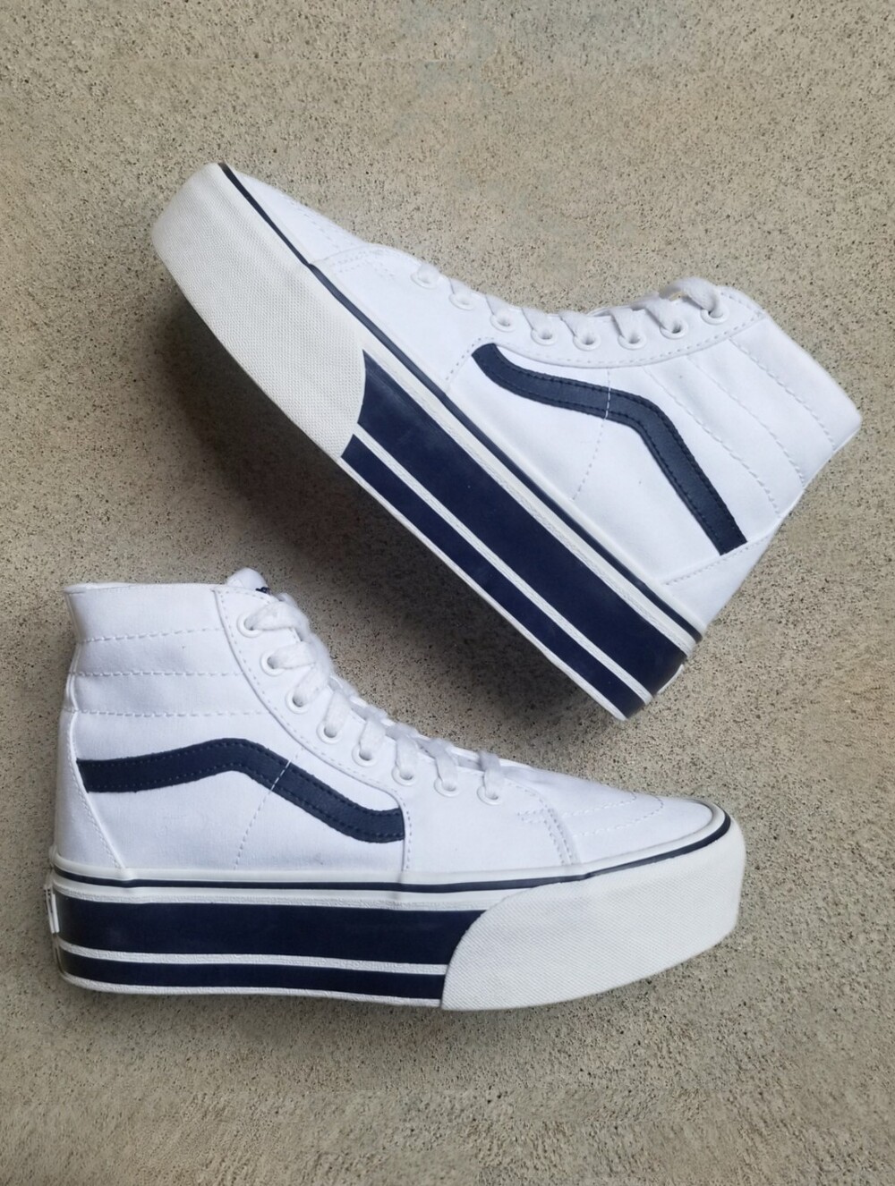 Vans Sk8-Hi Tapered Stackform Platform Sneakers Sport Stipes White Navy Womens 8